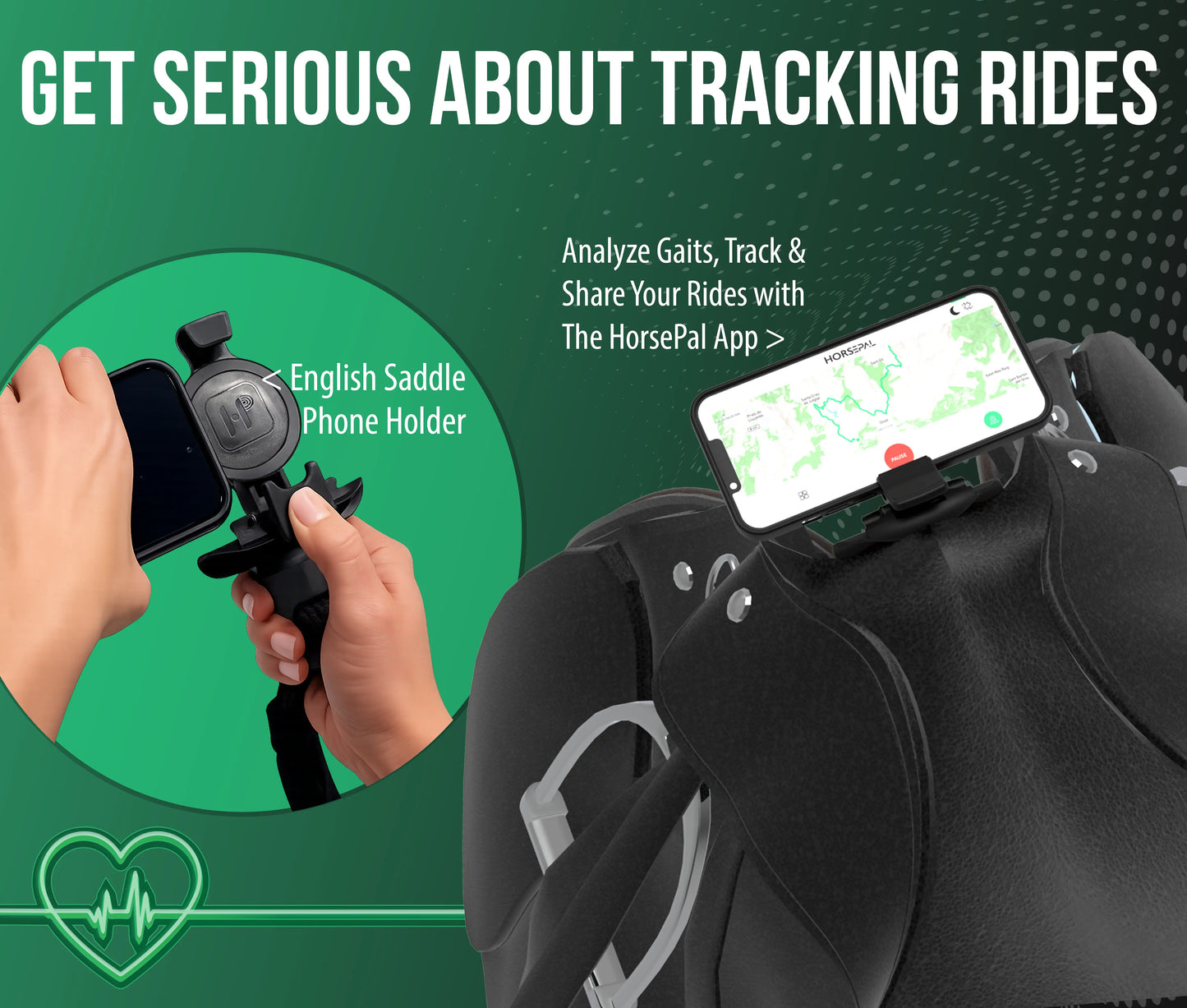 English saddle phone holder and HorsePal app interface. Track rides, gait analysis and Symmetry for horses